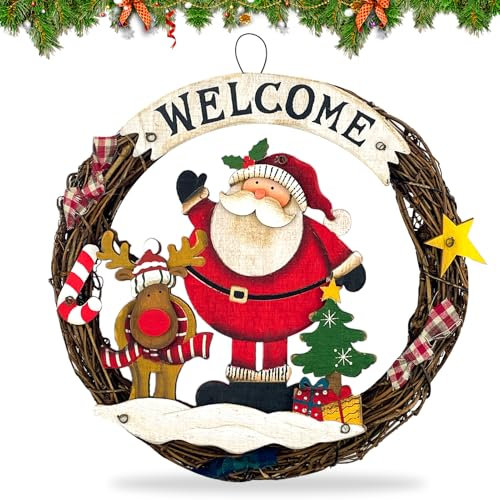 Ghirlanda Natalizia Intrecciata Decorativa per Porta, Benvenuto e Buon Natale - Targa in Legno per Finestra o Parete, 24 cm
