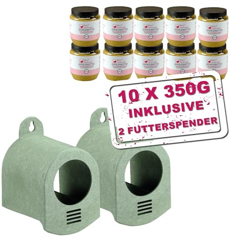 MeinWildvogel Erdnussbutter und Spender Starter Set, 2x Futterspender für Wildvögel und 10x Wildvogel Erdnussbutter 350g, 100% recycelter und ganzjährig nutzbarer Spender, nährstoffreiches Weichfutter