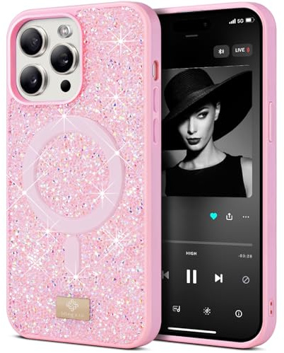 BEZ Handyhülle für iPhone 15 Pro Max Hülle Glitzer, Kompatibel mit MagSafe, Sparkle Diamond Crystal Bling Hülle mit Bling & Co. Serie, Magnetisch Hülle für iPhone 15 Pro Max, Flamingo rosa