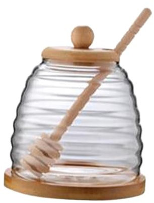 FytStycale Distributeur de Verre Pot de Miel Transparent Robuste avec Dipper Récipient à Miel Pot de Miel avec Couvercle pour Fête Maison Table à Manger, Couvercle Rond 500 Ml