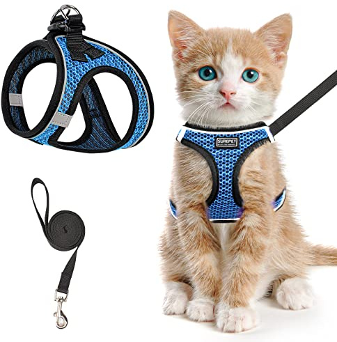 Cat Harness and Lead Set for Walking Escape Proof, Adjustable Kitten Vest Harness Reflective Soft Mesh Puppy Harness for Outdoor, Comfort Fit, Easy to Control (Blue, L)