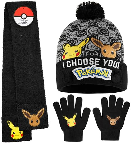 Pokémon Ensemble Bonnet Echarpe Gant Garçon ou Bonnet Gant Enfant, Accessoires d'Hiver Garçon Pikachu, Idée Cadeau Anime (4-12 Ans, Noir, 3 Pcs)