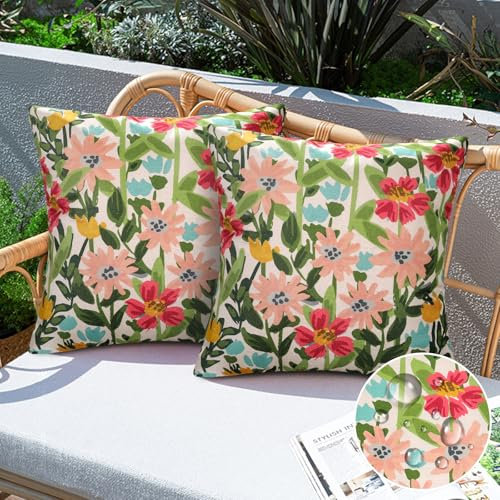 Aisybaklyn Kissenbezug 45x45 Kissenbezüge Outdoor Kissen Wasserdicht Dekokissen Kissenhüllen Sofakissen für Bankauflage Frühling Outdoorkissen Sommer Zierkissensen Rosa Cushion Blume Muster 2er Set