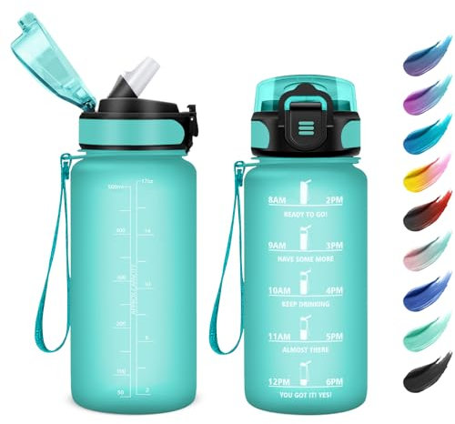 Borraccia 500ml, Borraccia Sportiva a Prova di Perdite, Facile da Aprire, Borraccia con Cannuccia, Bottiglia Acqua Motivazionale con Indicatore del Tempo, Borraccia per Campeggio, Ciclismo, Scuola