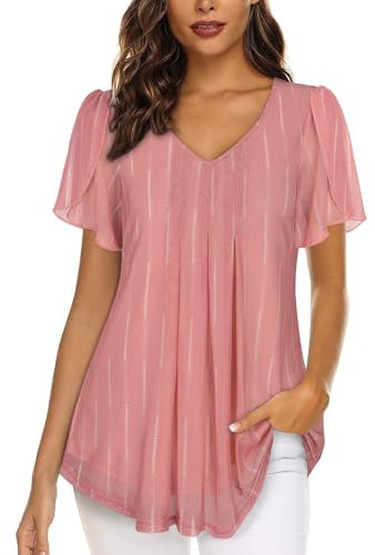 Womens Blouses and Tops Ladies Blouses Tunic Tops Short Sleeve Tops for Women UK V Neck Floaty Tops for Women Dressy Casual Tops for Women Layered Summer Tops Swing Lightweight Mesh Blouse Shirts