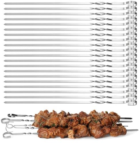 Schaschlikspieße Edelstahl, 20 Stück BBQ EdelstahlGrillspieße 39cm, Grillspieße Edelstahl Mit Tragbarer Nylontasche, Für Mangal Grillbesteck Grillzubehör, BBQ Spieße, Skewers, Schaschlik, Kebap