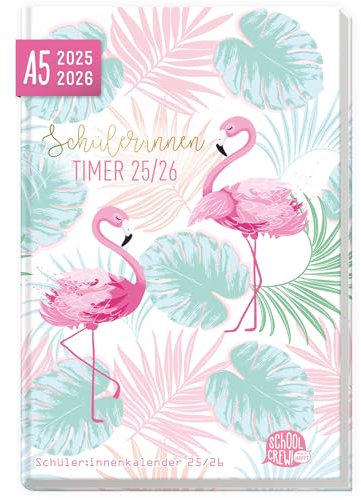 SchoolCrew Schüler-Timer A5 [Flamingo] Schülerkalender 25/26, Schulkalender, Schülerplaner, Hausaufgabenheft - Kalender Schuljahr 2025 2026 - nachhaltig & klimafreundlich