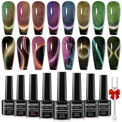 MIZHSE Cats Eye Gel Nail Polish Magnetic, 9D Cat Eye Gel Set, Cateye Gels Polish with Magnet, 8 Colours UV Gels for Nail Art, 7ml x 8