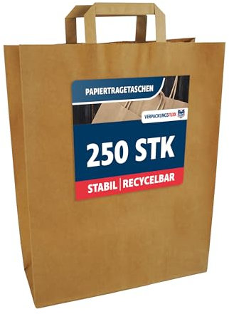 VERPACKUNGSFUXX Papiertüten aus Kraftpapier 80 g/qm | unbedruckt braun 32x12x41 cm | Papiertaschen mit gefaltetem Henkel lebensmittelunbedenklich | nachhaltige Einkaufstasche