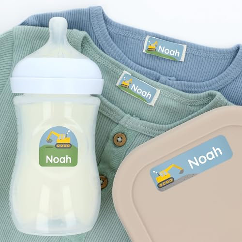 Klebekerlchen® Namensaufkleber Kinder Set für Kleidung & Gegenstände (75 Stück), Namensetiketten zum Beschriften für Kindergarten, Kita oder Schule, wasserfest – Bagger