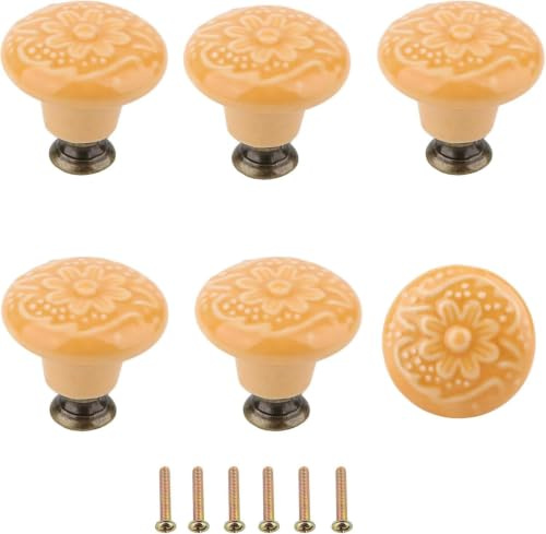 Brosay Lot de 6 boutons de tiroir décoratifs en céramique de style vintage pour armoires de cuisine, commodes, armoires, portes d'armoires (jaune)