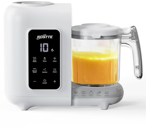 KOSTTE Babynahrungszubereiter 6-in-1, Dampfgarer Mixen mit Auftauen, Aufwärmen, Automatische Reinigungsfunktion, Babybrei Zubereiter Multifunktion, Baby Food Maker, Weiß