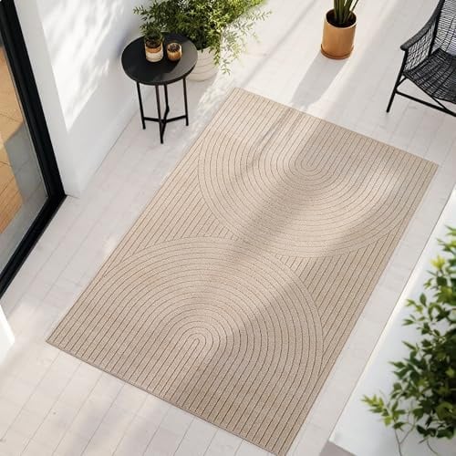 Teppium Kurzflor Teppich 160x230 cm Beige Wohnzimmer, Schlafzimmer, Küche, 3D Hoch-Tief-Effekt, Skandinavisch Boho Motiv, für Outdoor Bereich geeignet Terrassen oder im Balkon