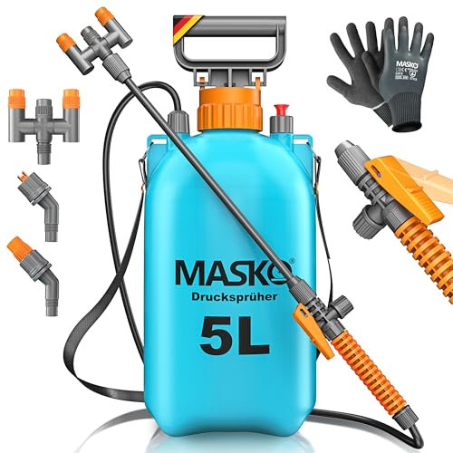 MASKO® Pulvérisateur à pression résistant aux acides 5 l avec buses réglables et tuyau de 1,3 m | Pulvérisateur pour protection des plantes, jardin et voiture | Pulvérisateur à pompe avec sangle de