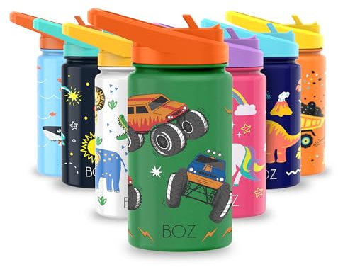 BOZ Borraccia Termica Bambini, Borraccia Acciaio Bambini, con Cannuccia Antiperdita, Borracce Termiche per Bimbo o Bambina, Senza BPA, Lavabile in Lavastoviglie (14 oz (414 ml) (Monster Truck)