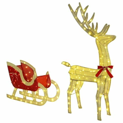 vidaXL Rentier Zieh Schlitten Warmweiß 151 x 28 x 128,5 cm Stoff, Modernes festliches Deko, Rentierfigur, Schlitten Deko, USB-Antrieb, LED-Beleuchtung, Weihnachtskollektion, Ambient Glow