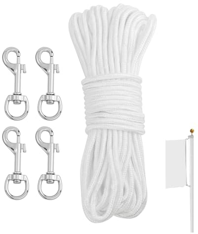 CARANNACLTD 20M Fahnenmast Seil Wetterfest mit 4 Karabinerhaken, Nylon Flaggenseil für Haus Außenbereich, Fahnenmast Zubehör Seil mit 4 Haken Flag Rope (Weiß)