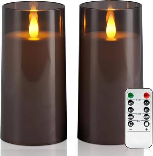 Homemory flackernde flammenlose Kerzen mit Fernbedienung,2er-Set,Grau | Fernbedienung,Timer, dimmbar, 500 Std. Betriebsdauer, Batteriebetrieb LED Stumpenkerzen,Acryl,Hochzeit,Weihnachten, Wohndeko