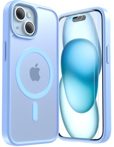LUNOVATE for iPhone 15 Plus Case, Magnetic 14FT Military Shockproof Protective Cover, Anti-Slip Texture Translucent Matte Phone Case with 2 Screen Protector for iPhone 15 Plus - Blue