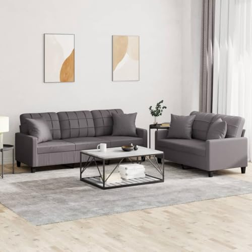 SooIarix 2-TLG. Sofagarnitur Grau Kunstleder, 138/198 cm Breite, mit Kissen, Robustes Metall-Sperrholzgestell, Schmutzabweisend für Wohnzimmer, Büro und Lounge