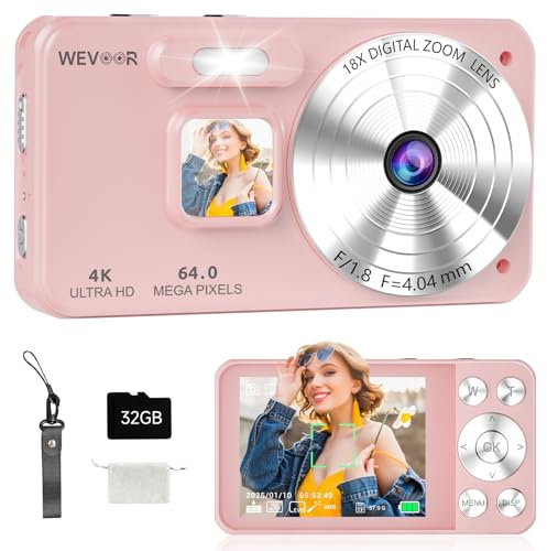 Cámara de Fotos 4K 64MP, Wevoor Camara Digital 32GB para Principiantes | Pantalla 2.8, Compacta, Zoom Digital 18x, Batería 2000mAh, Para Adultos Niños Adolescentes - Rosa