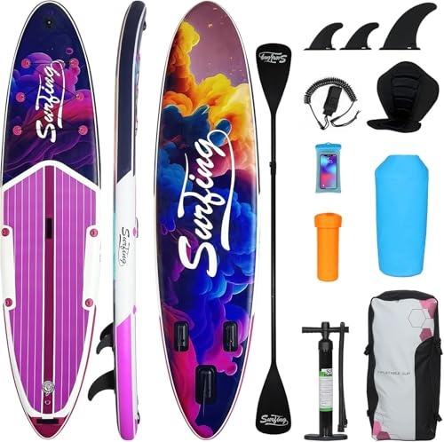 YU YUSING SUP Gonfiabile Adulti 335cm, Tavola da Surf, Stand Up Paddle Board, Sedile Per Kayak, per Tutti I Livelli, Pagaia Regolabile, Supporto per Telecamera, Pompa, Fino a 150 kg, Viola e Blu