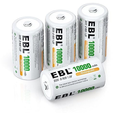 EBL D Batterie Ricaricabili ad Alta Capacità da 10000mAh 1.2V Ni-MH, D Torcia D HR20 Mono con Auto-Scarica Bassa, Confezione da 4 pezzi