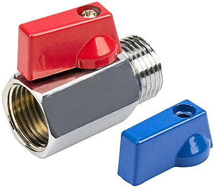 MINI Kugelhahn Ø 1/2 Zoll DN15 mit Flügelgriff Austauschbar Griff Rot & Blau Innengewinde Außengewinde | Absperrventil Absperrhahn mit Drossel & PTFE | DIN-Wasserhahn Messing verchromt PN10
