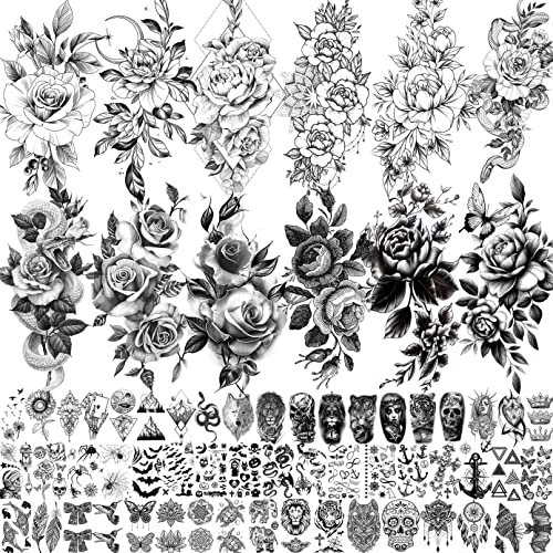 LAROI 65 Blätter Schwarz Rose Blume Tattoos Zum Aufkleben Damen Temporäre Frauen, 3D Schlange Fake Tattoo Aufkleber Klebetattoos Erwachsene Mädchen, Klein Tiere Klebe Tattoos Kinder Set Kit
