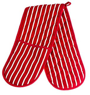 Molly Malou Double Oven Gloves Butcher Stripe Quilted Cooking Pot Holder Heat Resistant Mitt Red