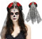 HOWAF Halloween Tag der Toten Haarreif und Schleier, Tag der Toten Haarschmuck Rosen Totenkopf Deko Dia de los Muertos Haarreif mit Tag der Toten Gesicht Tatto für Halloween Kostüm Damen