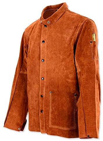 QeeLink Welding Jacket Heat & Flame Resistant, Leather Work Jacket for Welder Woodworker, Heavy Duty Split Cowhide Working Coat Worker Jacket