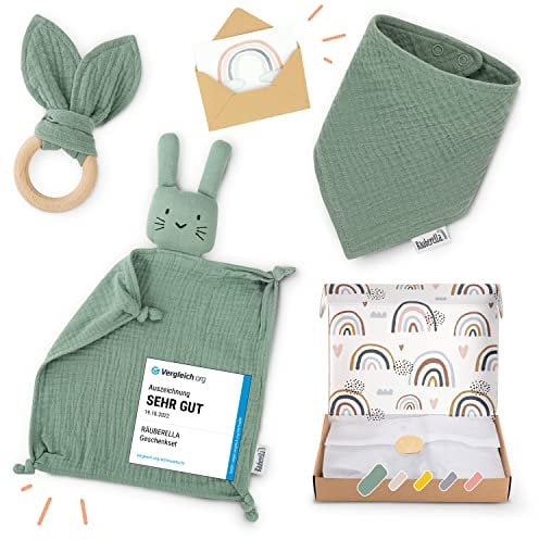 Räuberella® Baby-Geschenk-Set in Mint I 4-teiliges Neugeborenen-Geschenkset mit Geschenkkarte, Musselin-Schmusetuch, Beißring & Lätzchen I Geschenk zur Geburt aus hochwertiger Bio-Baumwolle
