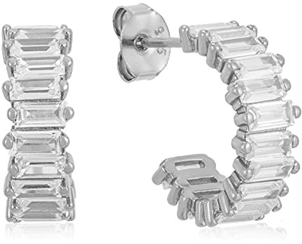 Brandlinger ® Ohrringe aus 925 Sterling Silber vergoldet (18K) aus verschiedenfarbigen Zirkoniasteinen im Baguetteschliff, Durchmesser 15mm (Silber (weiß))
