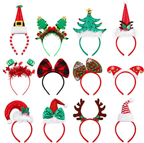 Aneco 12 Stück Weihnachten Headbands Assorted Weihnachten Head Boppers Xmas Tree Santa Geweih Rentier Elfen Hut Stirnband für Weihnachten Party