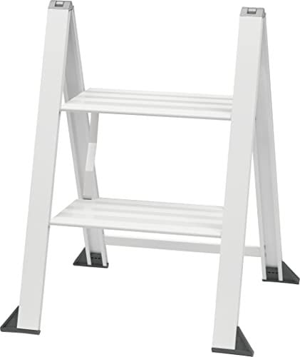 Weisse Alu Trittleiter Vikingstep Midi von W.Steps I 480mm hoch I Belastbar bis 150kg I Kompakte Aluminium Klapptrittleiter mit 2 Stufen I Nur 35mm breit I 3169011