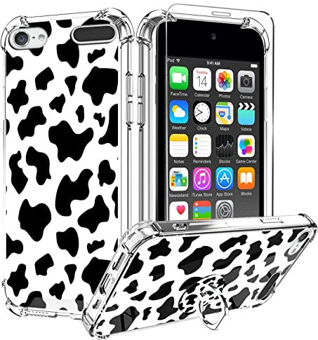 KANGHAR Schutzhülle für iPod Touch 7/6/5, niedliches Kuh-Druck, mit Displayschutzfolie, Ständer, Ringhalterung, weicher TPU, stoßfest, Schwarz