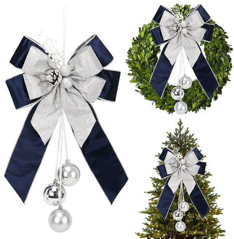 AIMUDI Navy Blue Christmas Tree Topper Bows, 11 x 16 Inches Christmas Bows Silver and Blue Bows for Christmas Tree Decorations Velvet Ribbon Bows for Wreaths, Lantern, Cabinet, Staircase, 1 PC