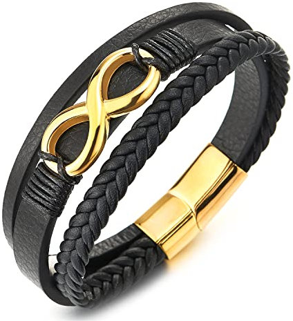 COOLSTEELANDBEYOND Goldfarben Infinity Liebe Unendlich Number 8 Verflochtenen DREI Stränge Schwarz Geflochtene Leder Armband Herren Damen