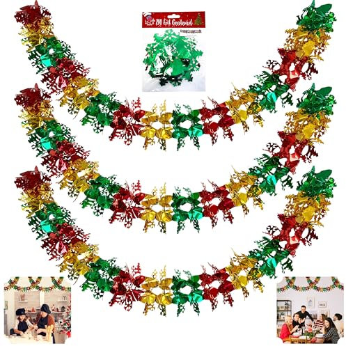 SRV Hub 3PC Christmas Ceiling Decorations Set - Foil Snowflake Garland & Festive Wall Hanging Streamers in Red, Green & Gold for Indoor Xmas & New Year Decor