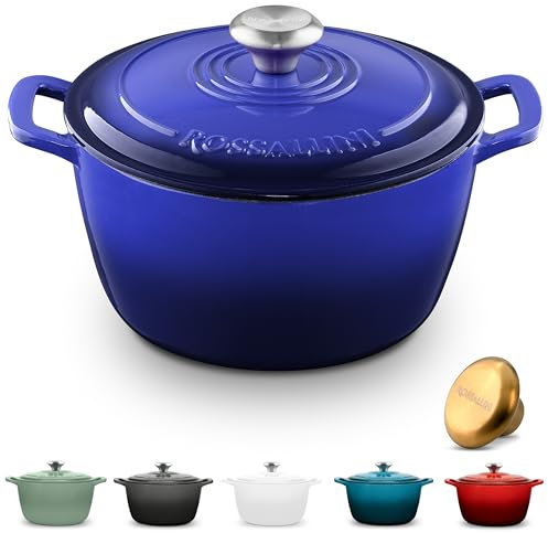 ROSSALLINI Signature Enameled Cast Iron Dutch Oven, Non-Stick Serving Pot with Tight Fitting Lid for Perfect Roasting, Baking, Sauteing, and Bread Making | 4.5Q (4.2L) - Indigo Blue