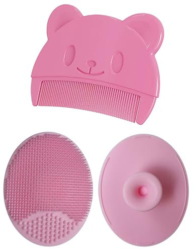Baby Bath Brush, Baby Cradle Cap Brush, Silicone Massage Brush, Baby Comb, Children's Comb（3pcs） (Pink)