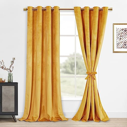 DWCN Goldfarbene Samtvorhänge, 213 cm lang, Raumverdunkelung, Privatsphäre, schützt Fenster, Dicke Ösen, bindbare Sichtschutzvorhänge für Schlafzimmer, Wohnzimmer, Heimdekoration, Gold, 132 x 213 cm