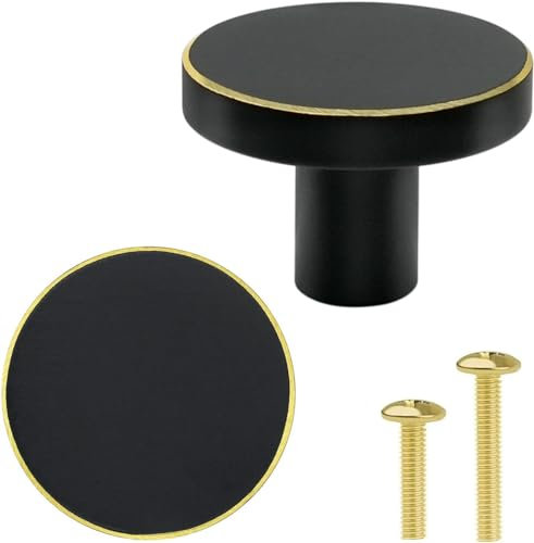 Vandicka 8 Pcs Solid Brass Knobs and Screws - Black Cabinet Door Knobs & Drawer Pulls – Round Brass Handles for Kitchen Cupboard Dresser Wardrobe, 28 * 20 mm