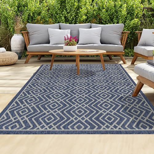 homeart Outdoor Rugs | Easy-Cleaning Indoor & Outdoor Area Rugs for Porch, Deck, Balcony, Garden, Picnic, Kitchen, Hallway | UV & Weather-Resistant Large Patio Rug Mats | D.Blue Cream, 120 x 170 cm