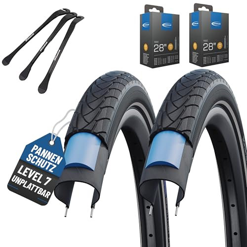 2er Set Schwalbe Reifen Marathon Plus 28 Zoll (47-622) Reflex auswählbar mit Schläuchen + 3 MSZweirad Metall Reifenheber E Bike (DV Schläuche, 28x1.50 (40-622))