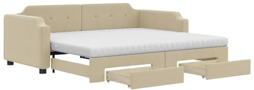 vidaXL Tagesbett, Ausziehbar Schlafsofa mit Schubladen Matratzen, Bettsofa Gästebett für Schlafzimmer Wohnzimmer, Sofa Bett Ausziehbett, Creme 80x200 cm Stoff