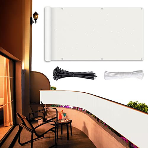 Balkonverkleidung 50x600cm, Zaunelement für Balkon und Terrasse, 220 g/m², mit Ösen, Nylon-Kabelbinder und Kordel für Garten, Camping und Freizeit – weiß