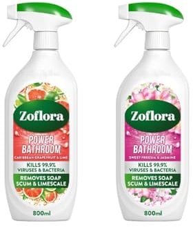 Zoflora Power Bathroom Spray (2 x 800ml), Caribbean Grapefruit & Sweet Freesia, Removes Limescale & Soap Scum, Antibacterial Multipurpose Cleaner, Kills 99,9% of Bacteria & Viruses