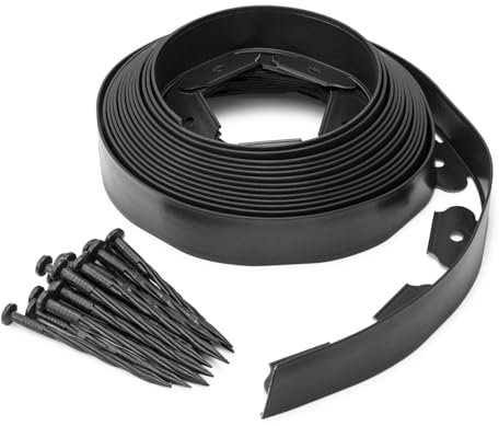 MOOWY Bordo per prato nero – 10 m x 4,5 cm (33 ft x 2) flessibile giardino prato bordo con 30 picchetti di fissaggio, senza scavare muro per prati, marciapiedi e aiuole